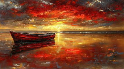 Wall Mural - a red boat sits atop a water body beneath a red-yellow sky with clouds