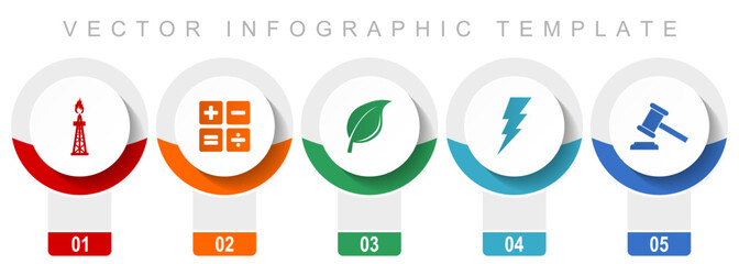 Aufkleber - Fuel and energy icon set, miscellaneous vector icons such as oil and gas, calculator, leaf, bolt and auction, modern design infographic template, web buttons in 5 color options