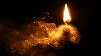 Wall Mural - A candle is lit in a dark room, with smoke and sparks flying out of it