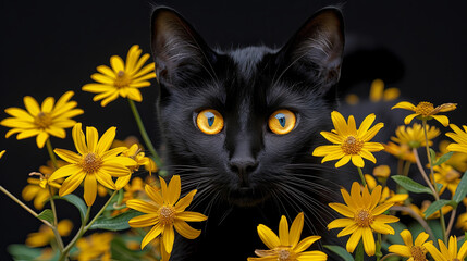 Wall Mural - A black cat is looking at the camera in a field of yellow flowers