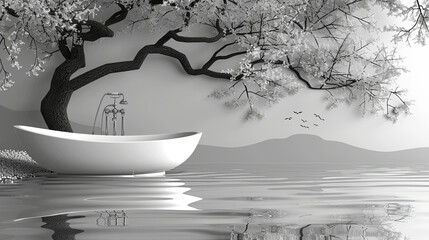 Wall Mural - A bathtub is floating in a lake with a tree in the background