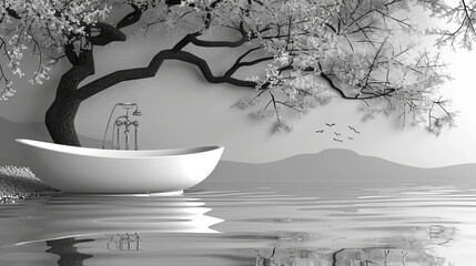 Poster - A bathtub is floating in a lake with a tree in the background