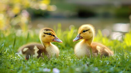 Just two cute ducklings on the grass . Generative Ai