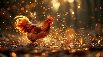 Poster -   A close-up of a golden rooster on dirt ground surrounded by tree