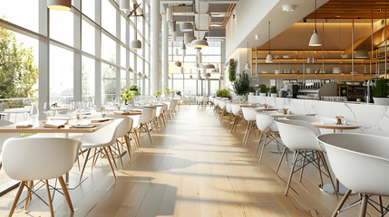 modern restaurant interior with long tables and white chairs, bar counter in the background, large windows on the left side, light wood floor,