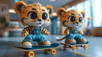   A close-up of a stuffed animal riding a skateboard alongside another stuffed animal on a toy board