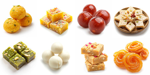 set of delicious authentic indian sweets, behsan laddu, soan papdri, gulam jamun, kaju katli, pista 