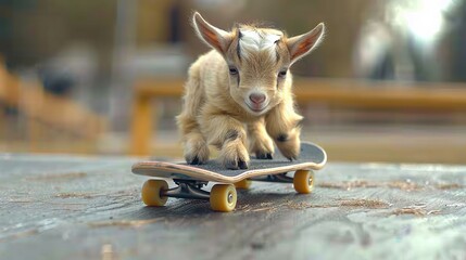 Wall Mural -   A baby goat standing on a skateboard on top of a wooden floor beside a wooden table