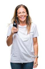 Sticker - Middle age hispanic woman drinking beer over isolated background with a happy face standing and smiling with a confident smile showing teeth