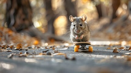 Wall Mural -   A rat on a skateboard navigates through a road scattered with fallen leaves