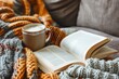 © Dina - cup of hot cocoa or coffee and open book on cozy knitted blanket on the couch