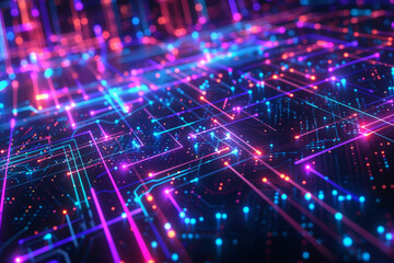 Wall Mural - Abstract network nodes, vibrant neon, wide-angle, cyber HUD overlay