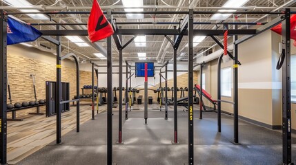 Wall Mural - Sleek fitness studio with bodyweight training gear like pull-up bars and dip stations.