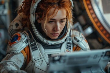 an astronaut attentively examines a digital tablet inside a spacecraft with intricate details