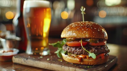 Juicy hamburger with fresh toppings and beer on a wooden table