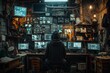 © Larisa AI - An individual with their back turned sits amidst a cluttered workshop containing a variety of monitors and technology