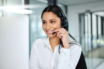 Aufkleber - Phone call, callcenter and woman with smile, headset or consultant in customer service agency. Lead generation, sales and happy virtual assistant at help desk with telemarketing advisor at crm office