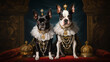 Amusing animals 3D portrait, Bulldog, Dog, Renaissance, Couple, Feline, King. ON THE THRONE OF THE MASTIFFS! Two crouching royal bulldogs with all sumptuous honors. Crowns, cloaks and a lot of jewels.
