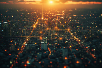 Wall Mural - Aerial view of a city with digital networking overlay