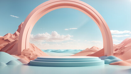 a 3D rendering of a pink and blue podium in front of a blue sky and ocean.