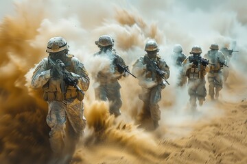 Poster - A dramatic depiction of soldiers charging forward amidst a cloud of dust and debris during a military operation