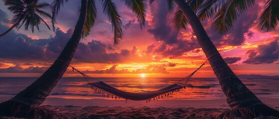 Wall Mural - A vibrant sunset view with a hammock