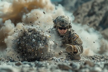 Wall Mural - A dramatic depiction of a soldier in a crawling position as an explosion erupts to the side