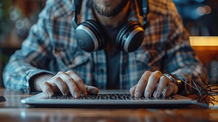 A man wearing headphones is typing on a laptop.