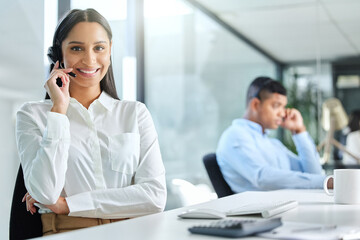 Poster - Phone call, callcenter and portrait of woman with smile, headset and consultant in customer service. Lead generation, telecom and happy virtual assistant at help desk with telemarketing at crm office