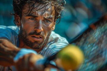 Close-up image of a male tennis player intensely focusing on hitting a tennis ball during a game