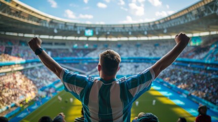 Wall Mural - Solo soccer fan cheering in stadium wearing team jersey