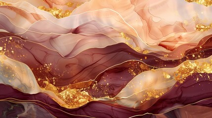 Dynamic and luxurious wall mural featuring tidewater stains, gold powder, and abstract waves on a textile base of maroon and peach.