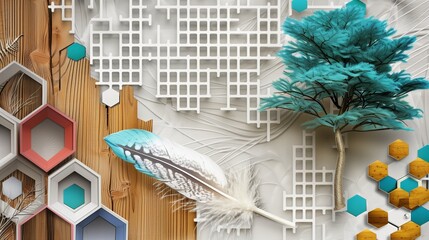 Wall Mural - A blend of natural and geometric elements in a mural with oak wood, white lattice, feathers, and turquoise hexagons.