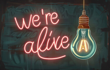 We're Alive Neon Sign, Light Bulb on Graffiti Wall