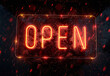 Rainy Night Neon Open Sign, Glowing Red in the Rain