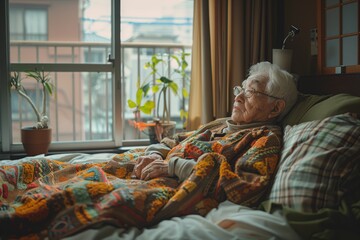 An elderly man is sitting in bed with a blanket