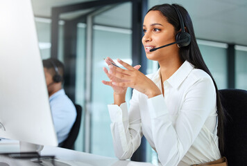 Poster - Computer, callcenter and woman with advice, headset and sales consultant in customer service conversation. Lead generation, telemarketing and virtual assistant with phone call at help desk office