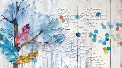 Wall Mural - Oak wood mural with a white lattice, featuring feathers and vibrant hexagons in cool blue hues.