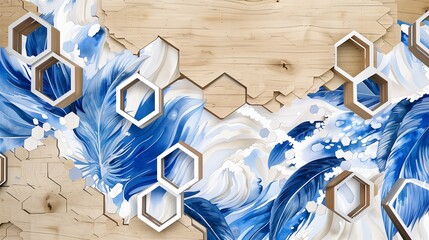 Wall Mural - Oak mural with watercolor feathers as ocean waves, white lattice, and hexagons in deep blue.