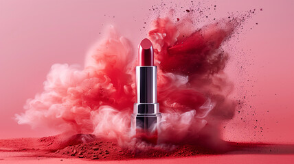 A red lipstick is in the middle of a cloud of red powder. Concept of excitement and energy, as if the lipstick is being launched into the air. powerful explosion of red dust, designer lipstick