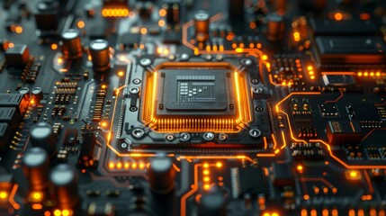 The digital world abstracted with a futuristic, circuit-based and cyber computer running cloud computing, cybersecurity, or fast internet speed.