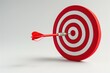 Perfect Bullseye: Close-up of Red Dart in Center of Dartboard. The concept of hitting the target and success. Banner with copy space for text