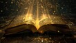Enchanting Open Book Emitting Sparkling Golden Lights on Wooden Table. The concept of knowledge is power