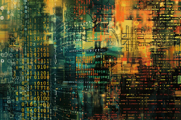 An artistic background showcasing a matrix of digital code and programming patterns, embodying the art of software coding and data computation Created Using digital illustration, complex matrix