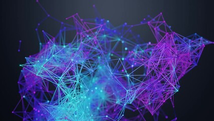 Video screensaver with an endless floating, shimmering lilac-blue abstract futuristic background with moving dots and lines. Continuous modern network web structure design. 