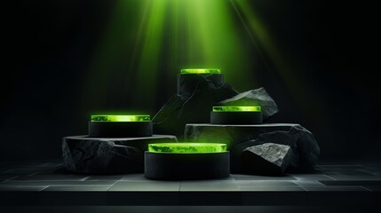 Black podiums with green glowing rocks on dark background.