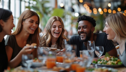 Wall Mural - showing a diverse group of workmates laughing and sharing stories over lunch in the bright, modern office cafeteria, Business, workmates, office, cafeteria, with copy space