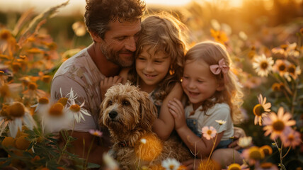 Wall Mural - A man, a girl and a dog are sitting in a field of flowers