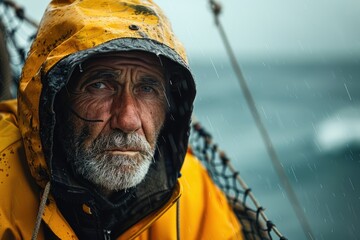 Wall Mural - A man in a yellow raincoat is looking out over the ocean