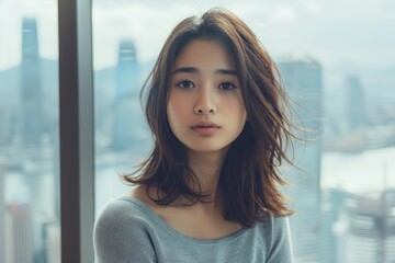 Wall Mural - A woman with long brown hair is sitting in front of a window in a city